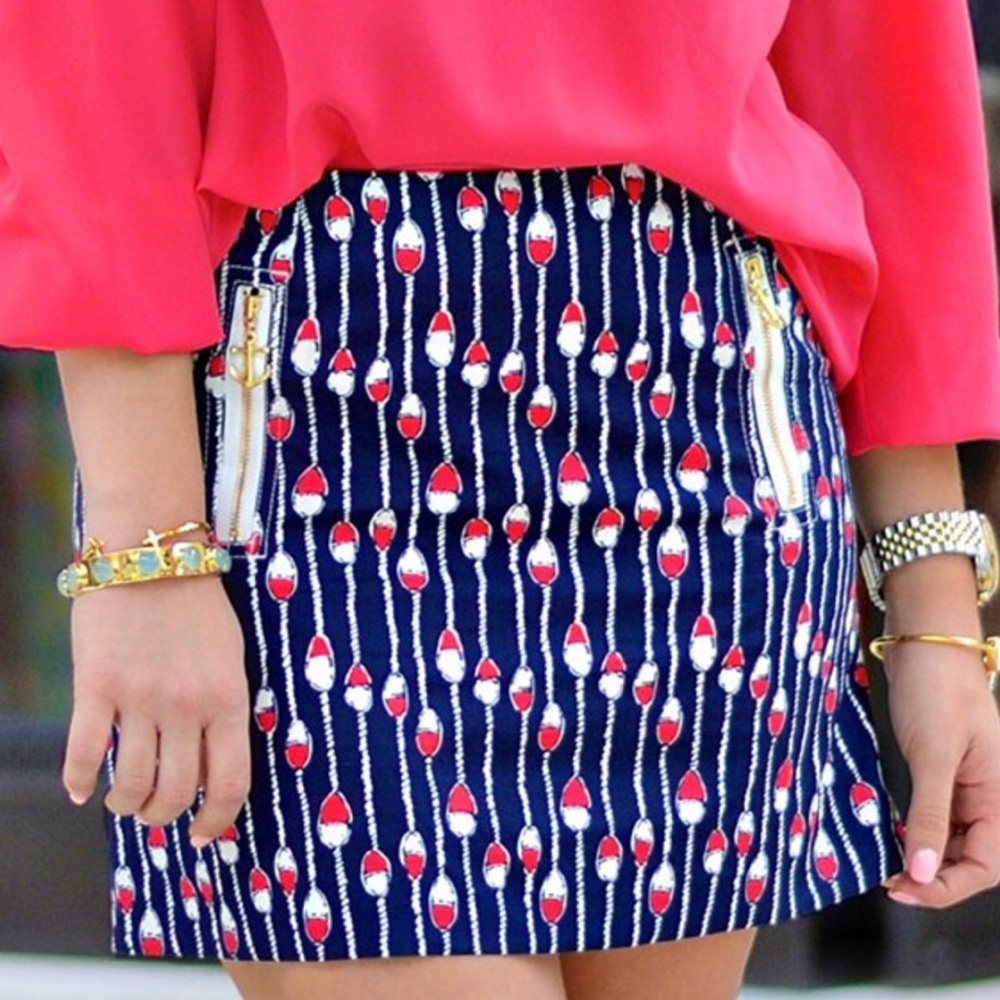 L Lilly Pulitzer Women Sz 4 White Blue Nautical Mini Skirt Lined Gold Hardware